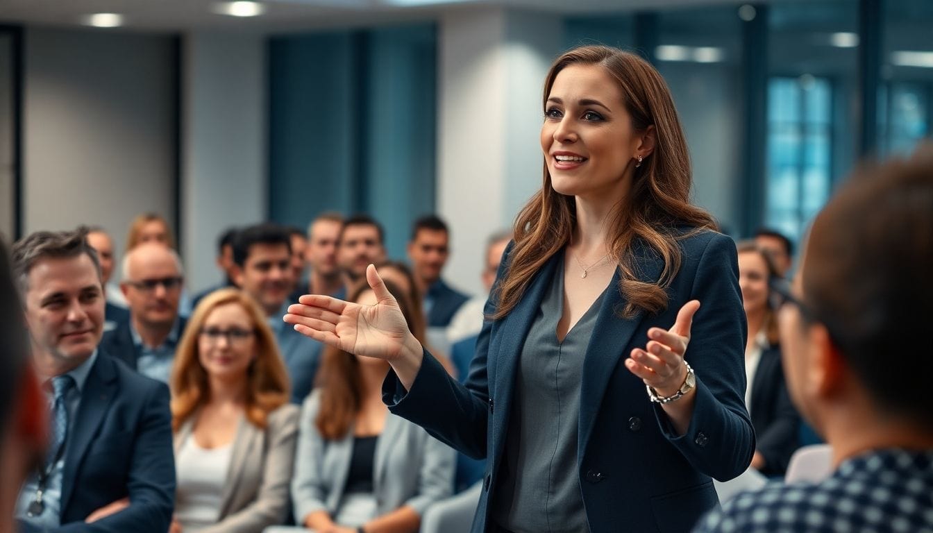 Female leader speaking passionately to an engaged audience.