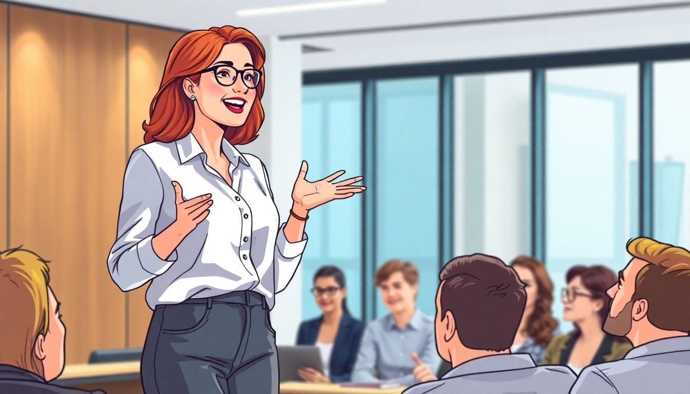 Female leader delivering a persuasive speech to an audience.