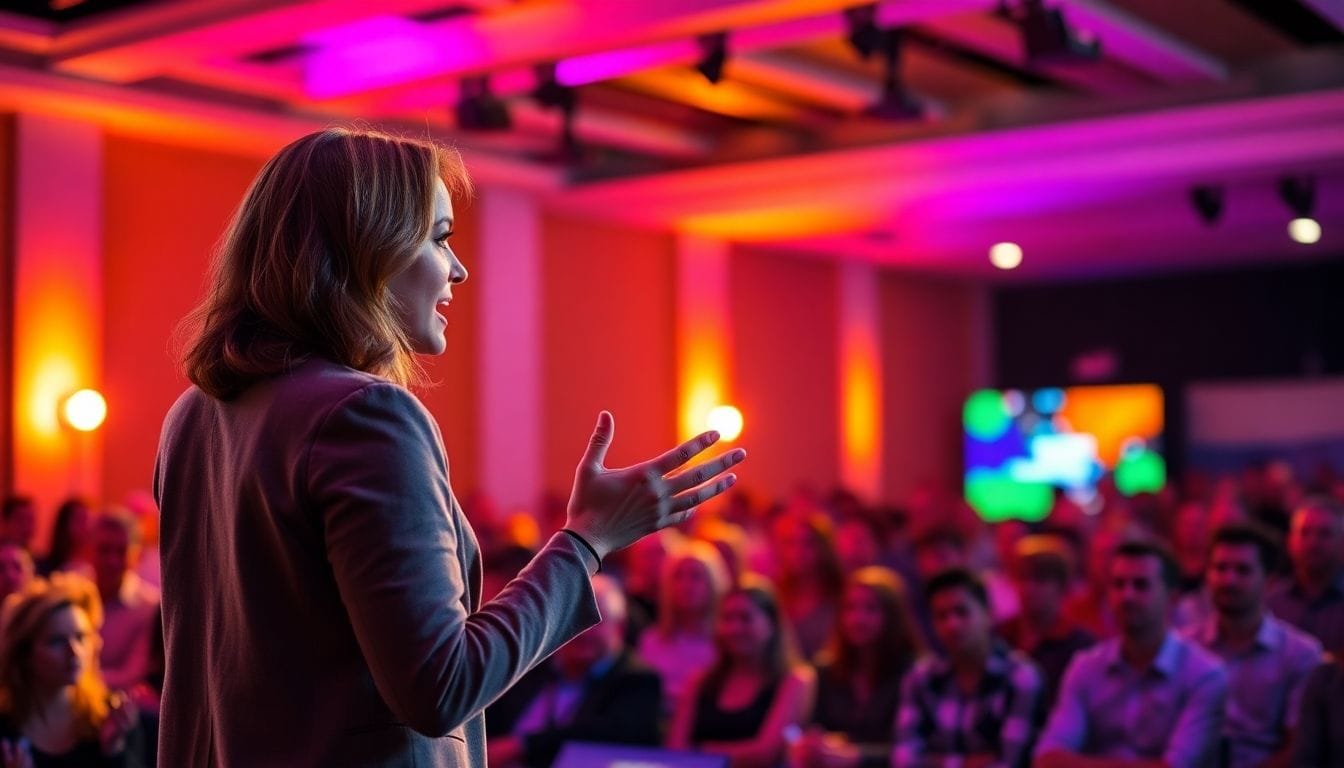 Female keynote speaker engaging an audience during a presentation.