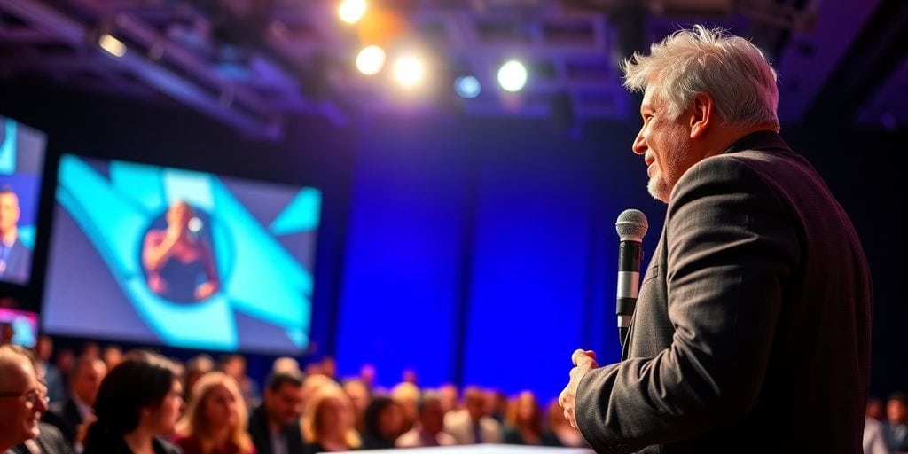 Speaker captivating audience in a dynamic keynote presentation.