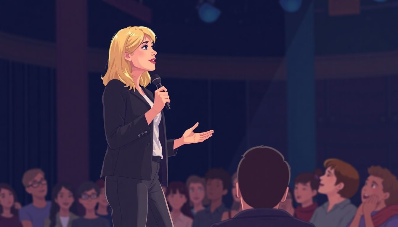 Blond female keynote speaker engaging with an audience.