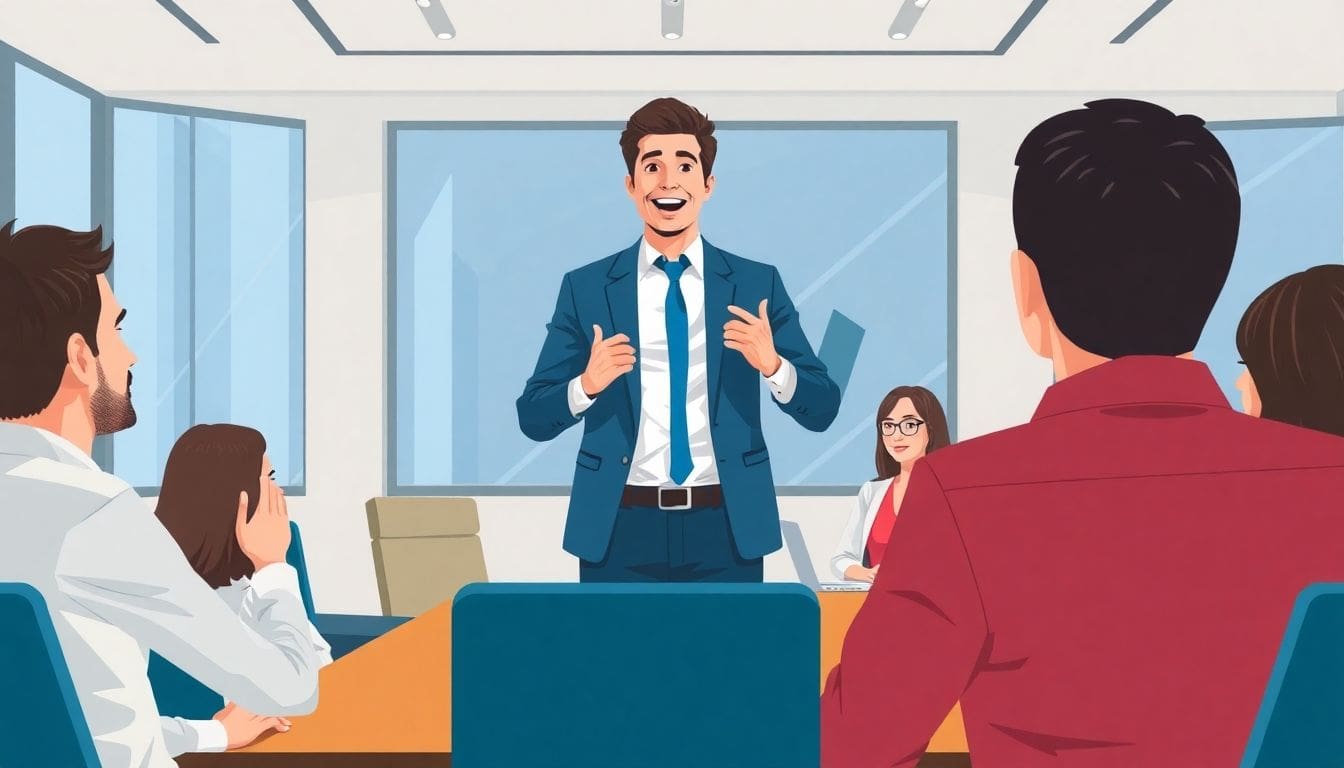 Employee confidently speaking in a conference room setting.