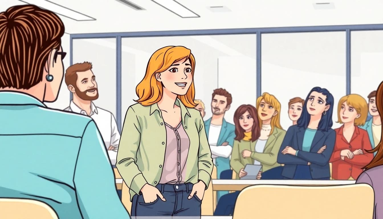 Female speaker engaging an attentive audience in a meeting.