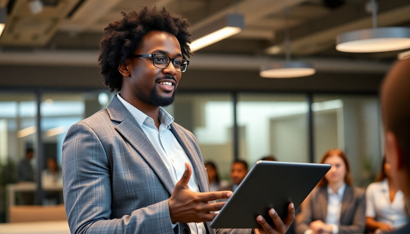 Black professional presenting confidently in a modern office.
