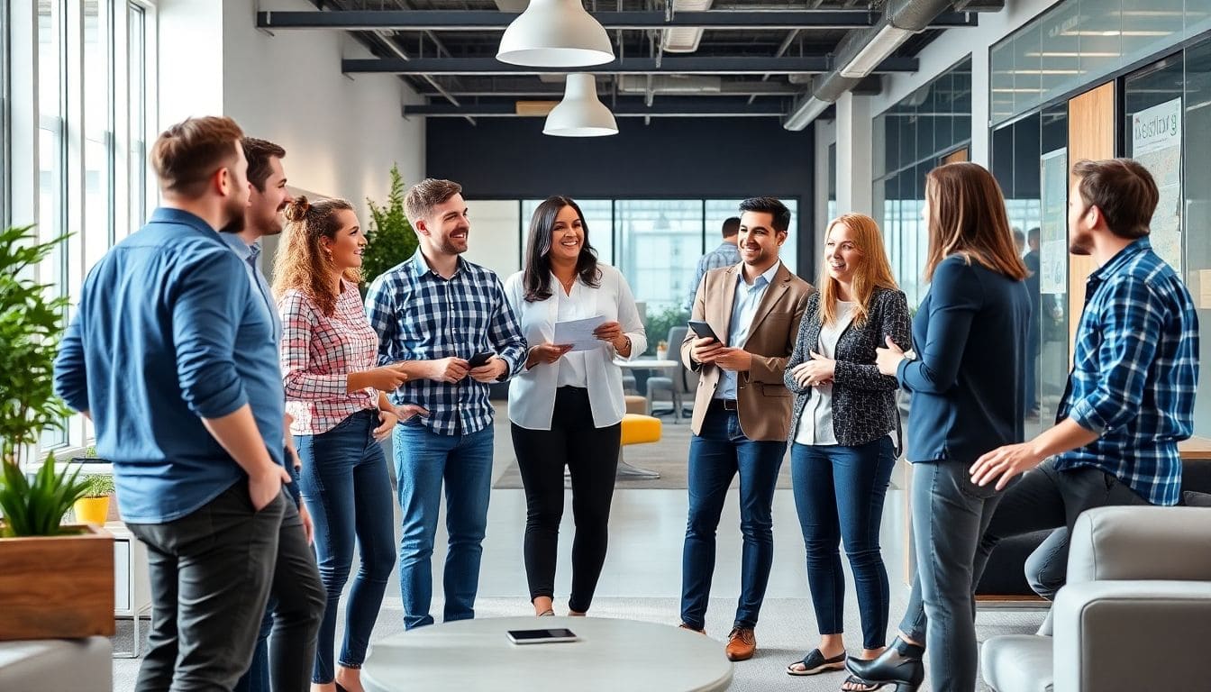 Professionals discussing ideas in a modern office setting.