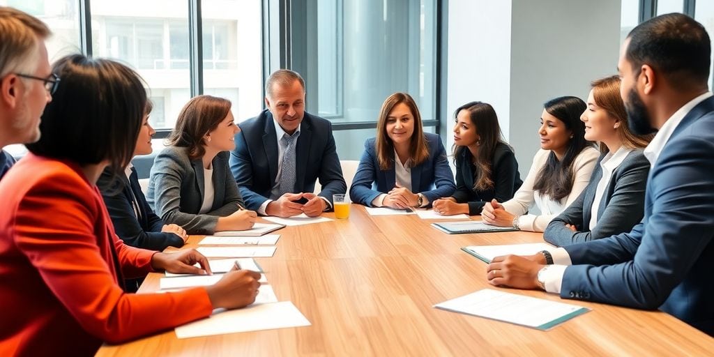 Executives in discussion during a leadership meeting.