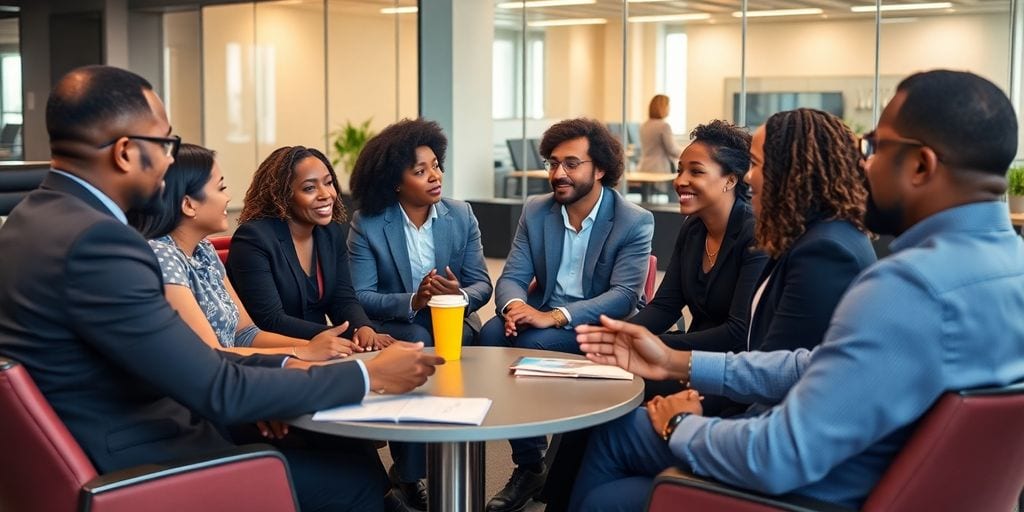 Diverse executives in a modern office engaged in discussion.