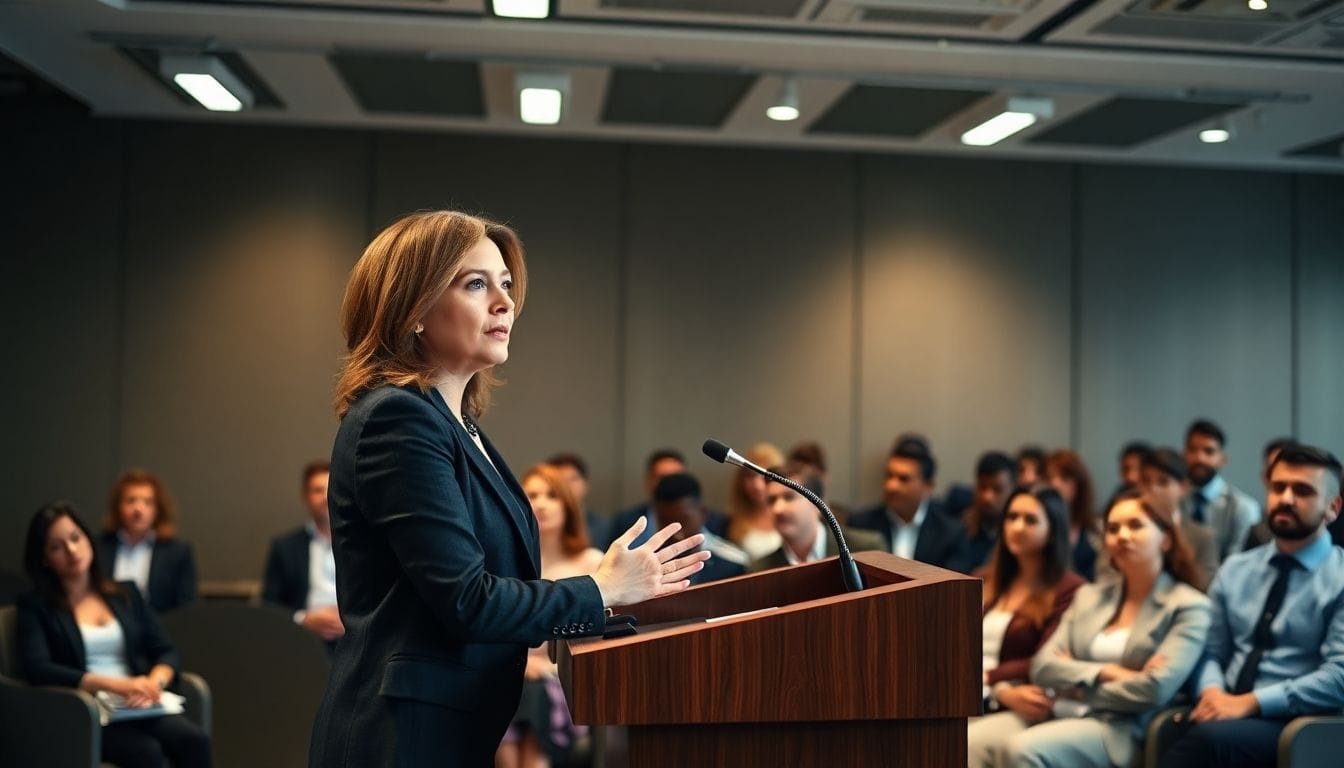Female executive speaking to an engaged audience in a conference.
