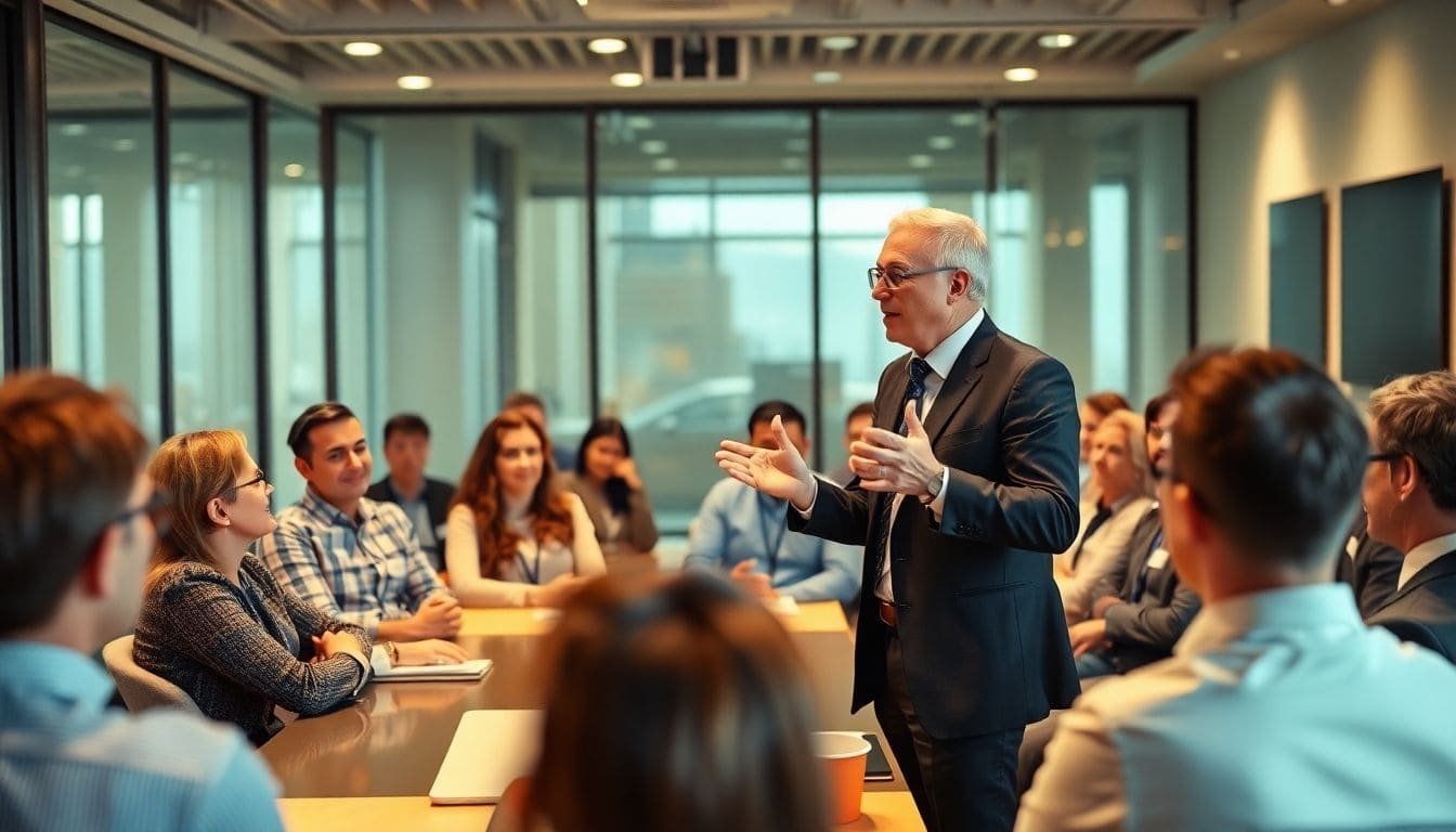 Executive speaking to an engaged audience in a meeting.