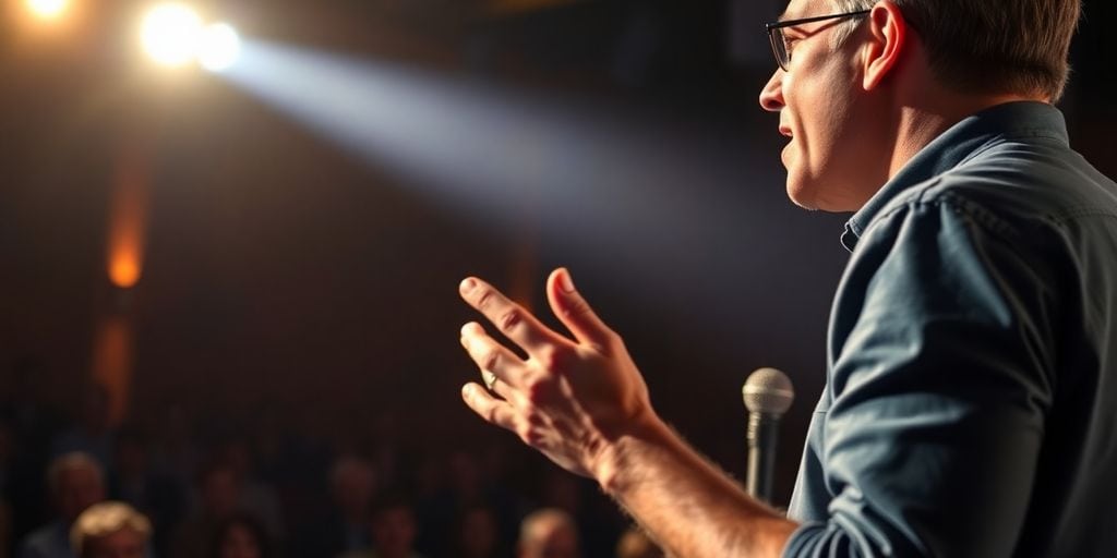 Person delivering a powerful speech on stage to audience.