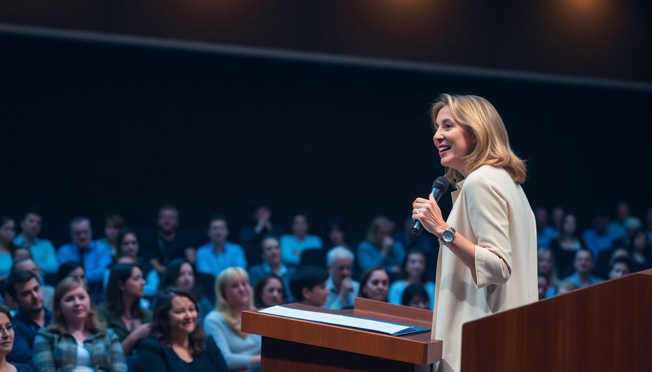 Female speaker engaging an attentive audience at a podium.