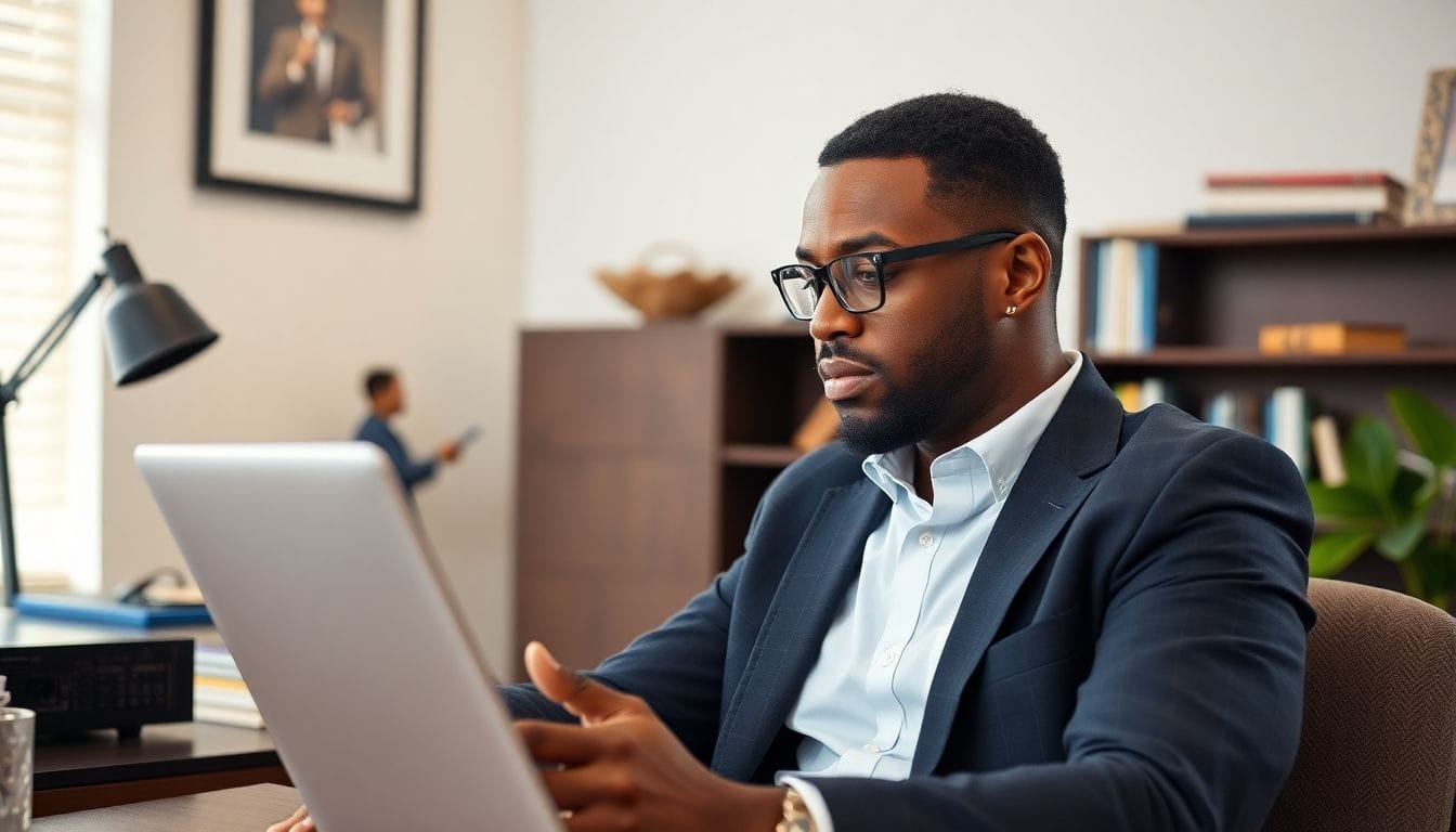 Black man reviewing speech on laptop in business casual.