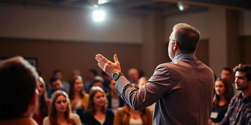 Speaker engaging audience during a public speaking event.