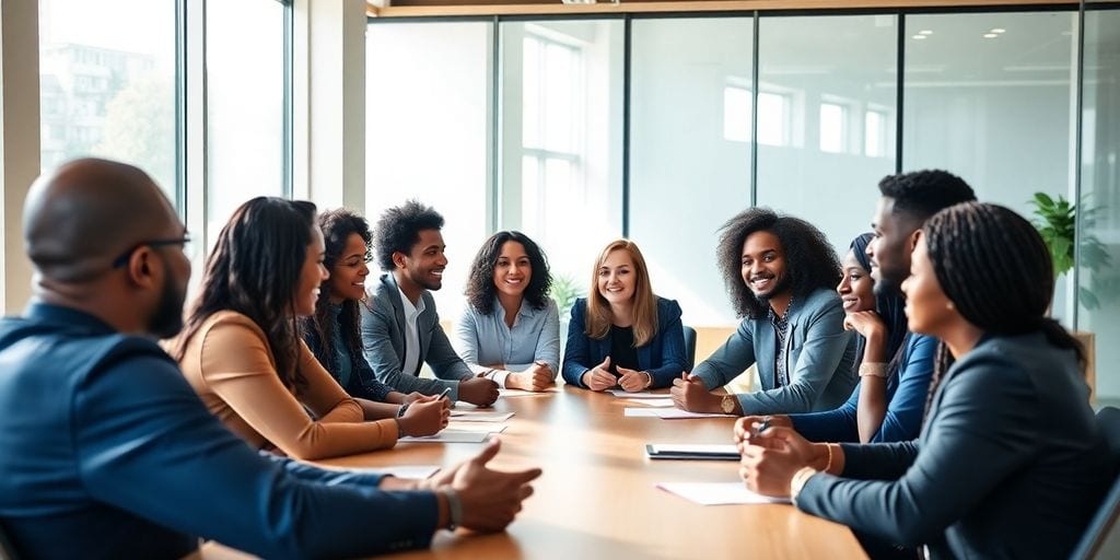 Diverse entrepreneurs collaborating around a conference table.