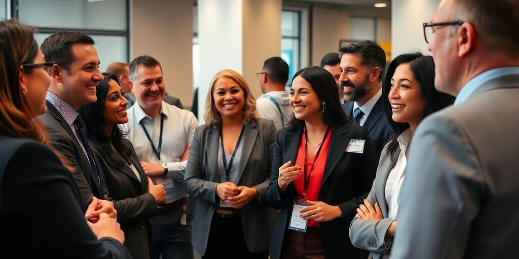 Executives networking at a professional event.