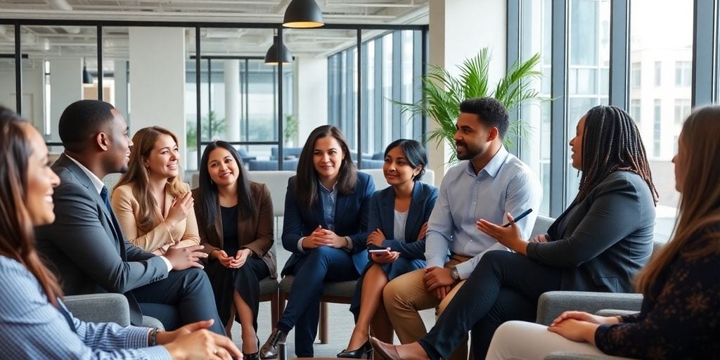 Mentorship session with diverse professionals in modern office.