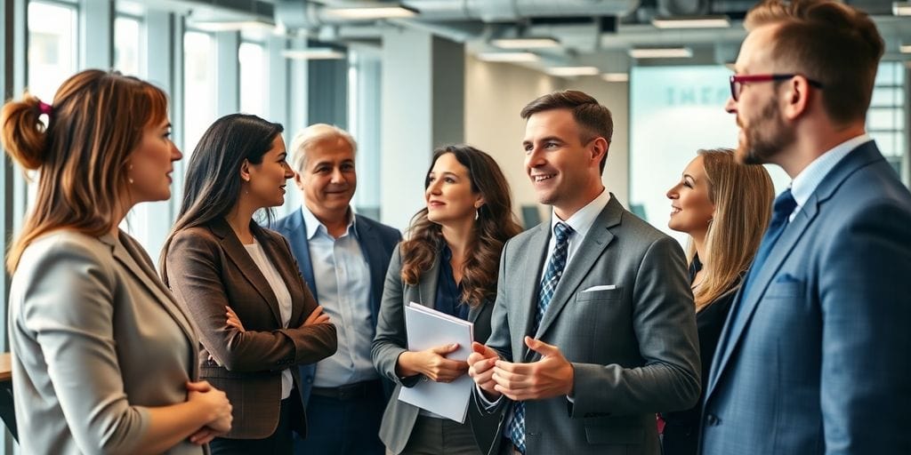 CEOs networking in a modern office environment.