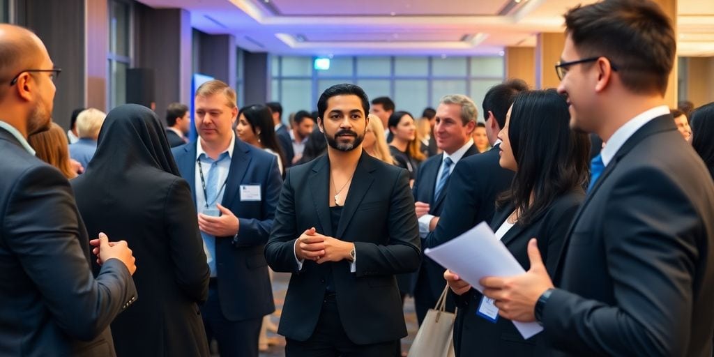 Diverse business leaders networking in a professional setting.