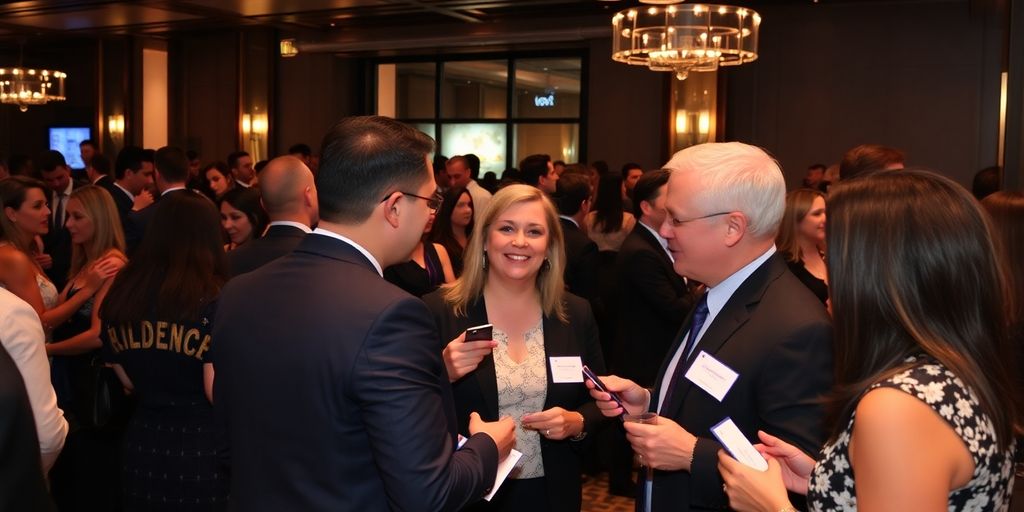 Business professionals networking at an elegant event.