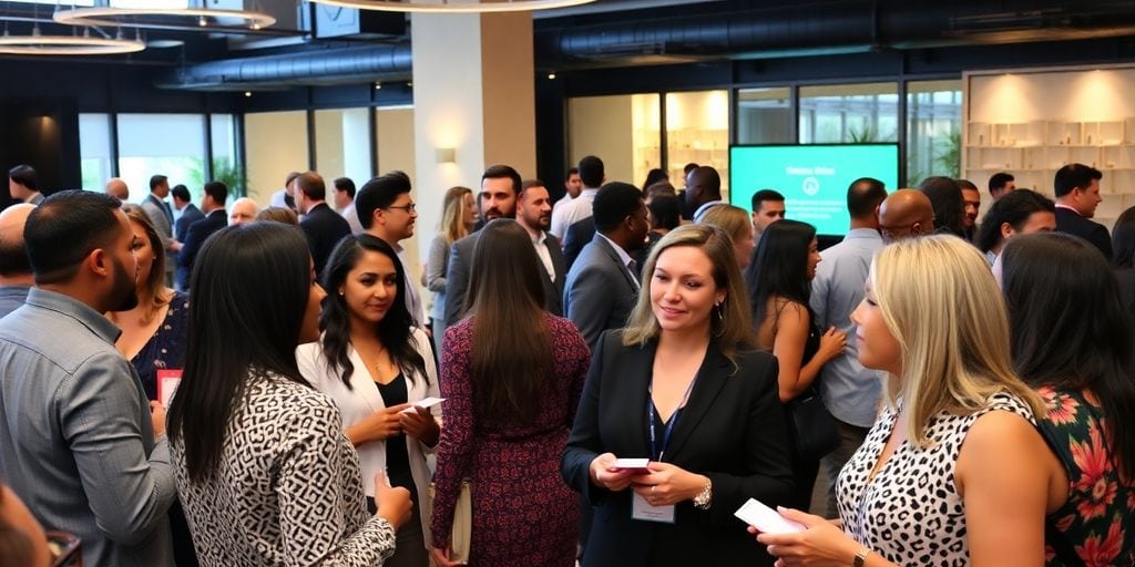 Professionals networking at an Atlanta business event.