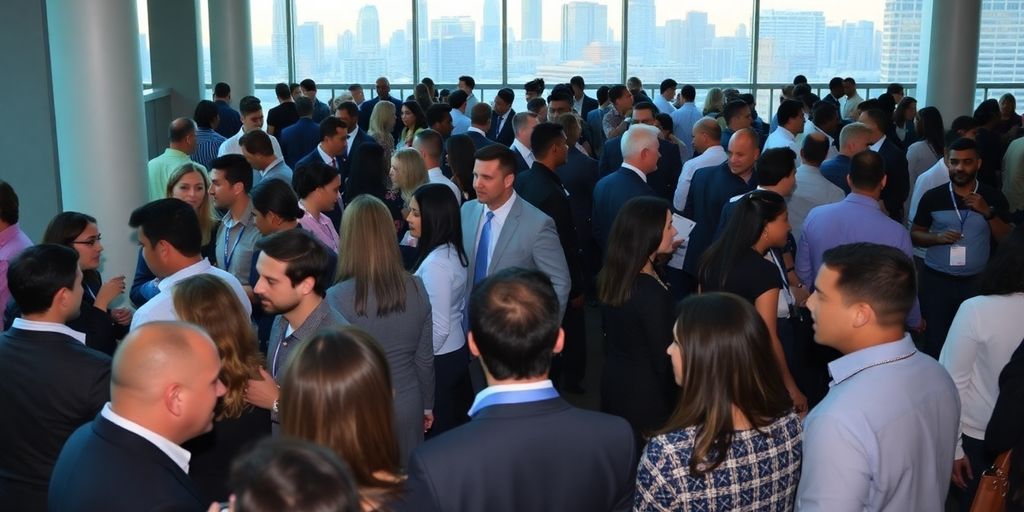 Diverse professionals networking at an Atlanta business event.