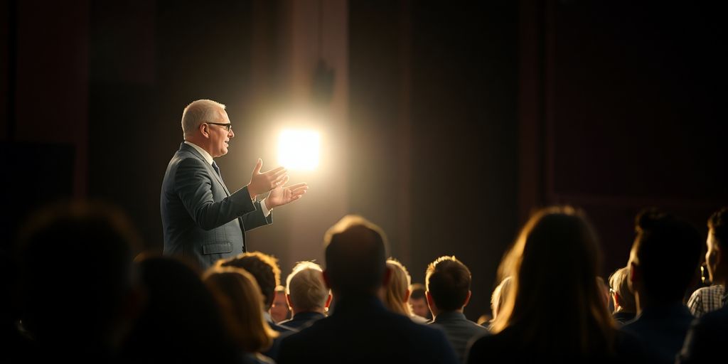 Confident speaker delivering a presentation to an engaged audience.