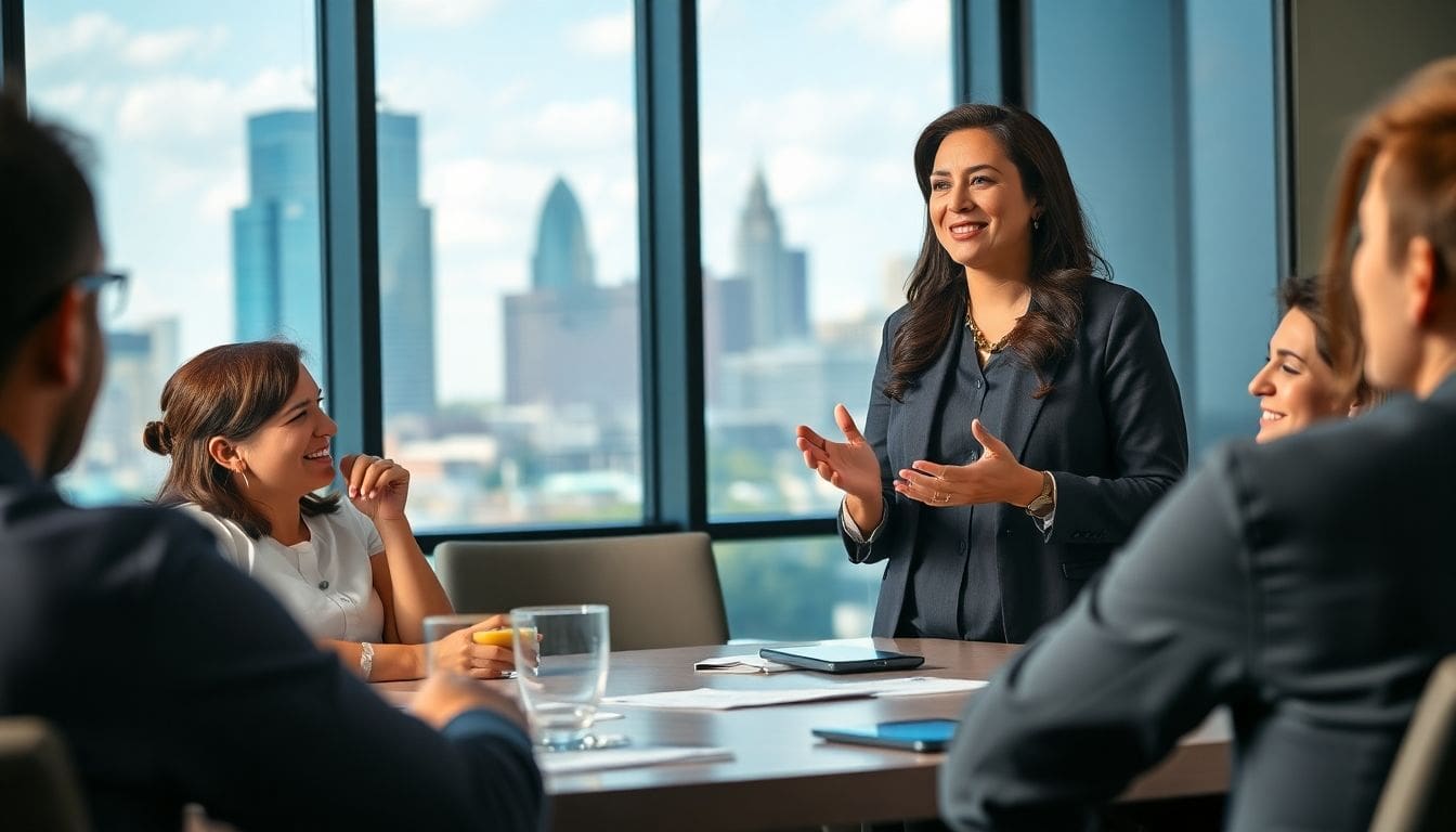 CMO presenting in a casual board meeting with skyline view.
