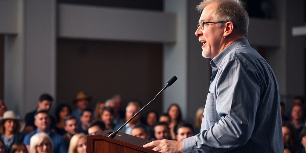 Confident speaker engaging an attentive audience in a presentation.