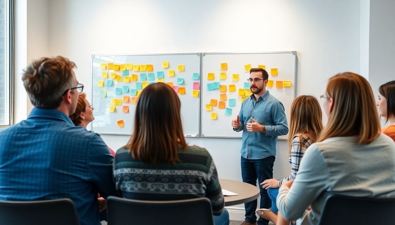 Man presenting at a casual team meeting with post-it notes.