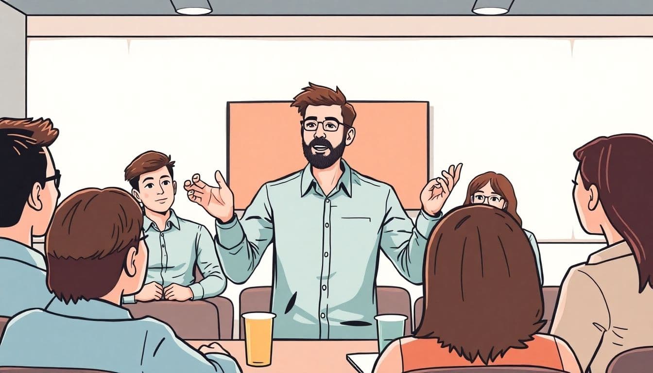 Casual speaker using gestures during a team meeting.