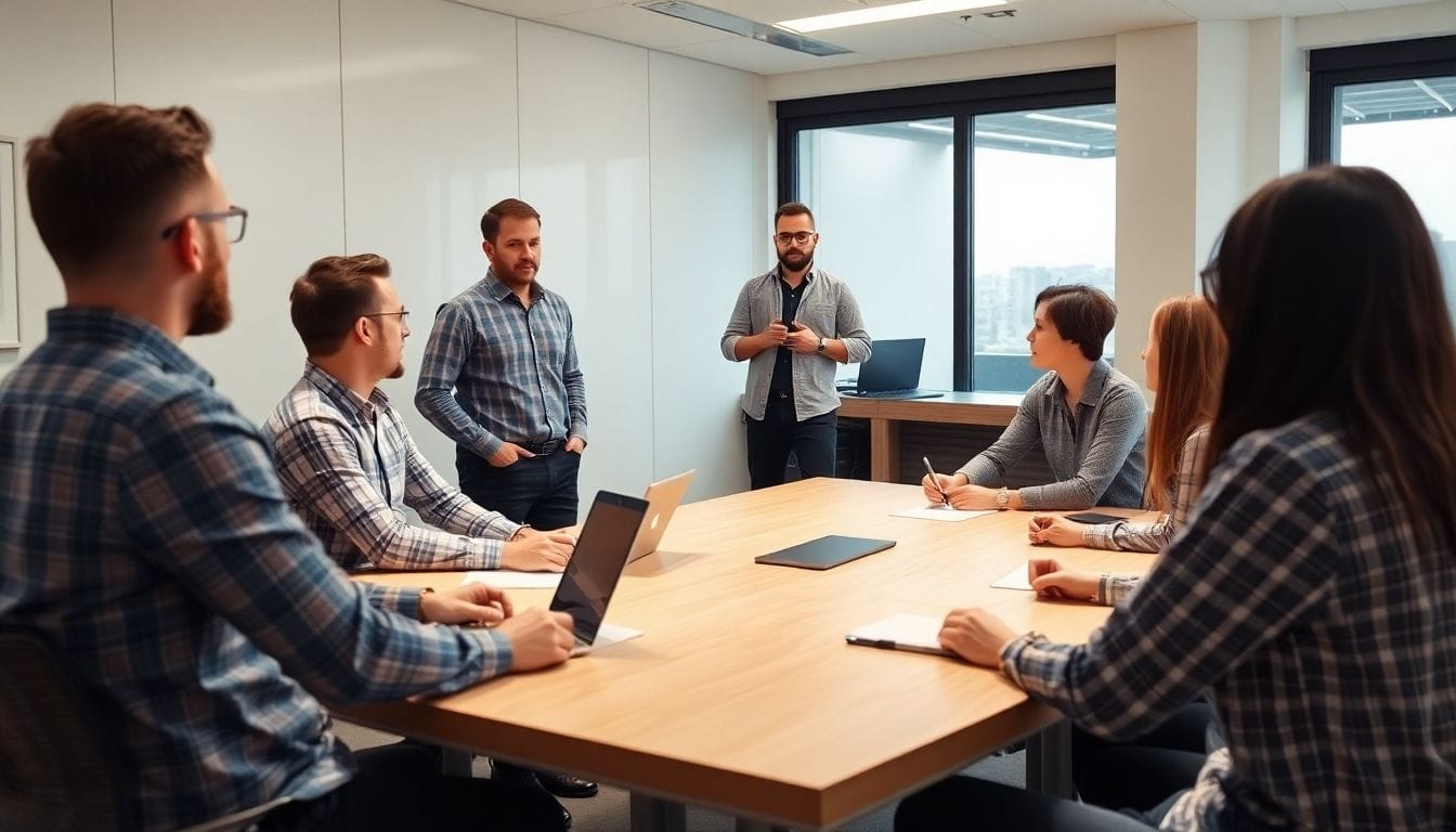 Man presenting to colleagues in a conference room.
