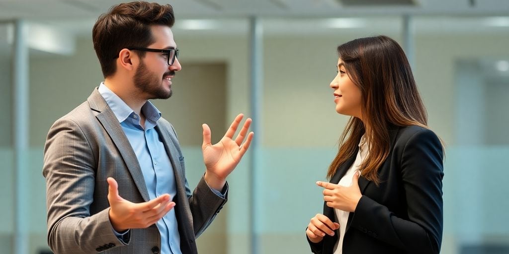 Two colleagues communicating with positive body language in office.