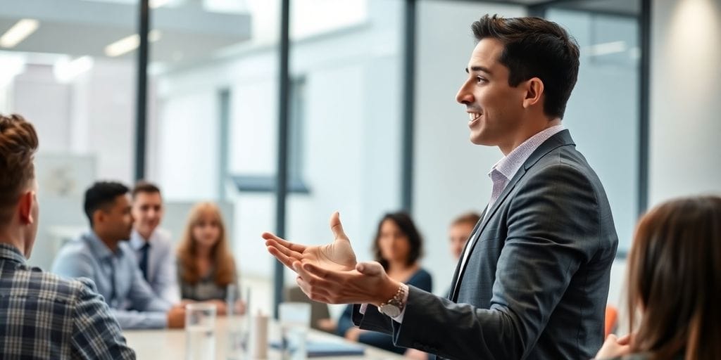 Confident speaker engaging audience in modern meeting room.