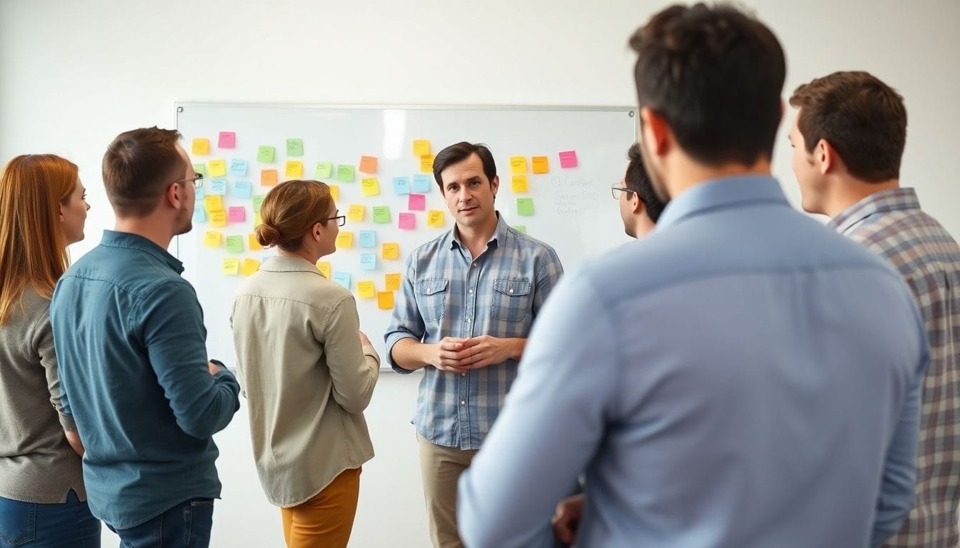 Man speaking to agile team in a meeting setting.