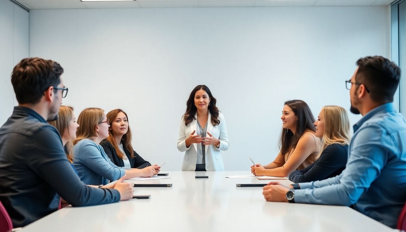 Woman presenting to colleagues in a conference room.
