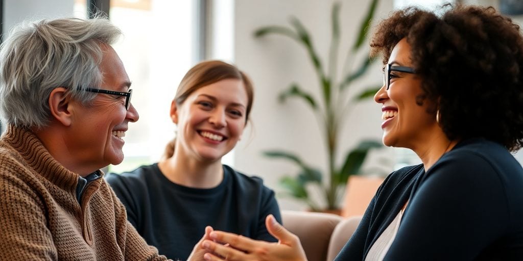 Mentor and mentee in deep conversation, smiling and engaged.