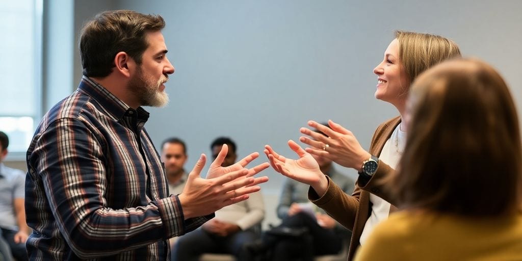 Mentor coaching mentee in a public speaking session.