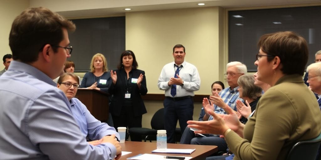 Group practicing public speaking at a Toastmasters meeting.