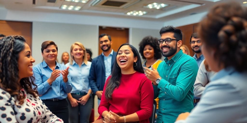 Diverse individuals participating in a Toastmasters speaking session.