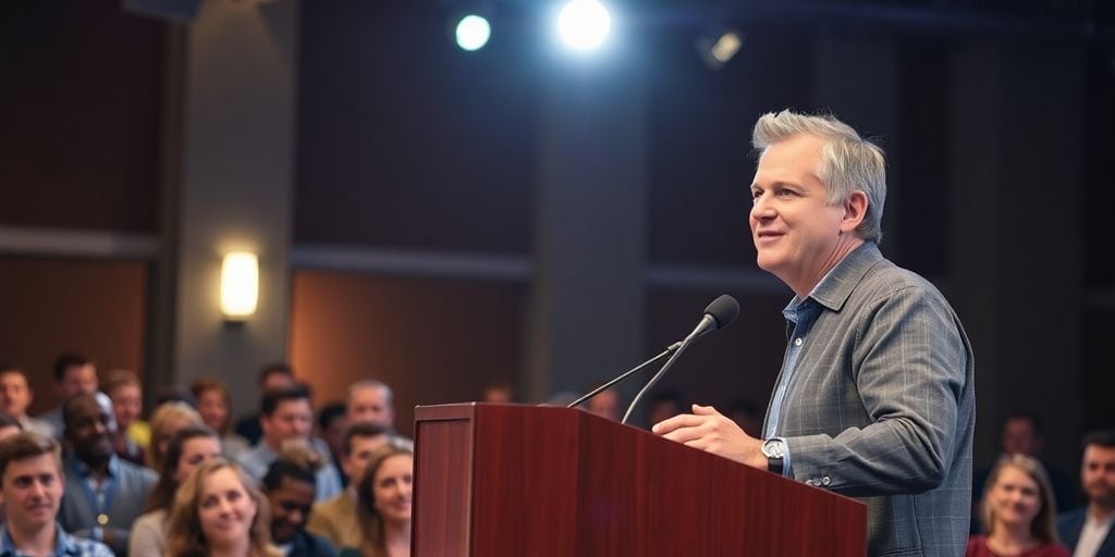 Confident speaker at podium engaging an attentive audience.