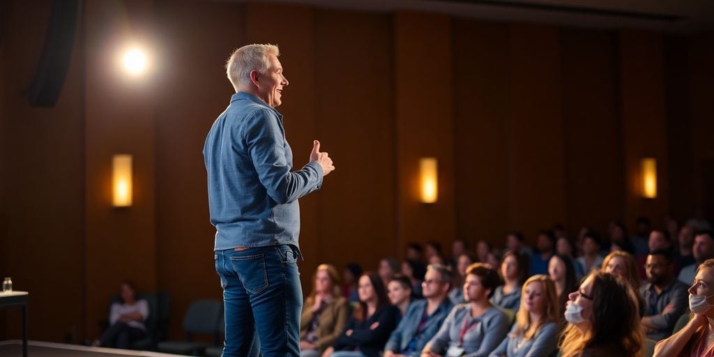 Confident speaker addressing an engaged audience on stage.
