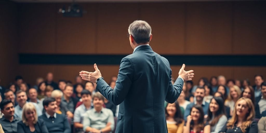 Confident speaker engaging with an attentive audience in a hall.