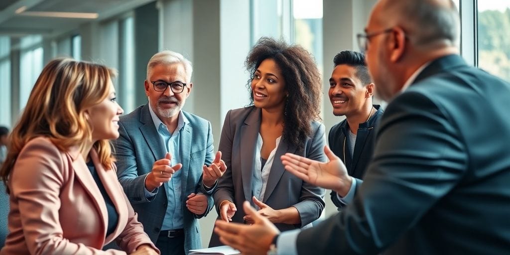 Executives in a conference room discussing ideas.