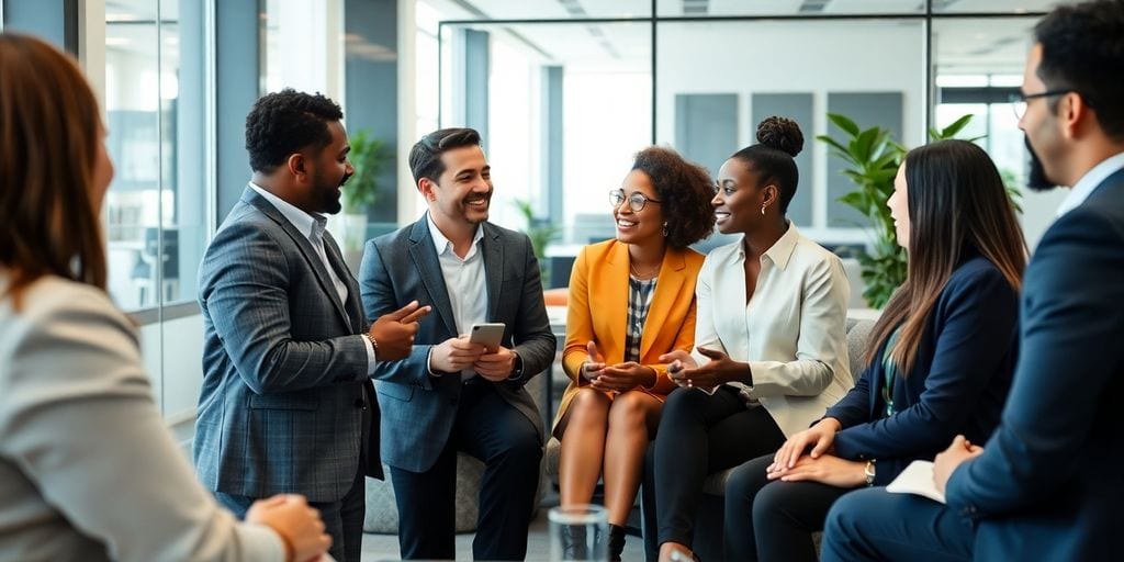 Diverse executives discussing in a modern office setting.