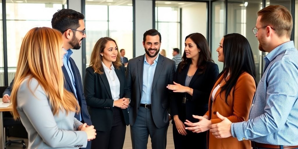 Diverse executives collaborating in a modern office environment.