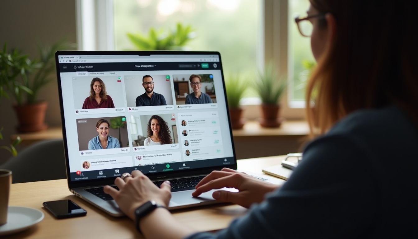 A person sits at a desk participating in a video conference on a laptop, showcasing decentralized leadership. The screen displays six people in a virtual meeting. The room has several potted plants on the windowsill, and a smartphone is placed beside the laptop.