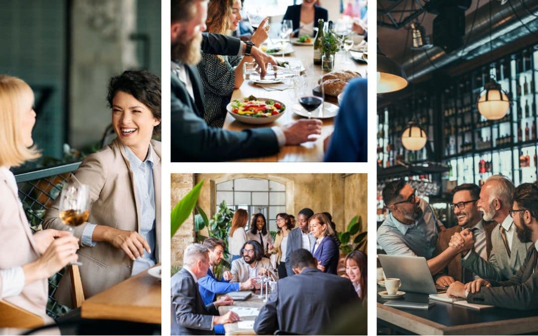 Collage of four images: two women talking over wine, a group dining at a restaurant table, business meeting discussion, and a small group laughing in a bar setting.
