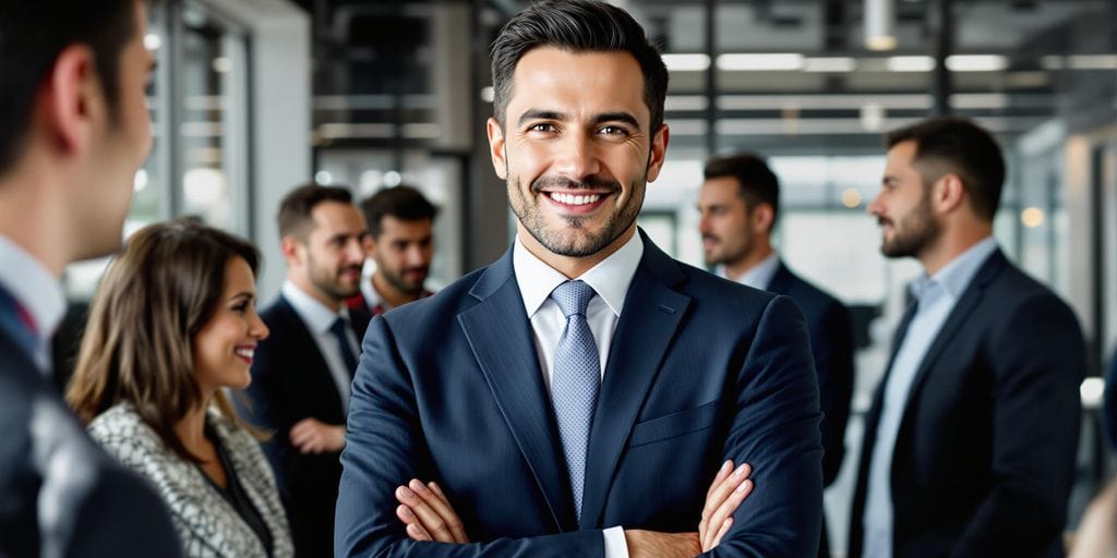A confident man in a suit smiles with arms crossed in the foreground of a modern office setting. In the background, a group of professionals, both men and women, are engaged in conversations, creating a lively atmosphere.