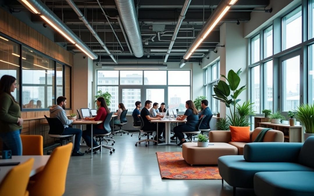 A modern office space with people working at desks and on laptops. The room features large windows, natural light, and green plants. Comfortable seating areas with sofas and colorful chairs are visible in the foreground.