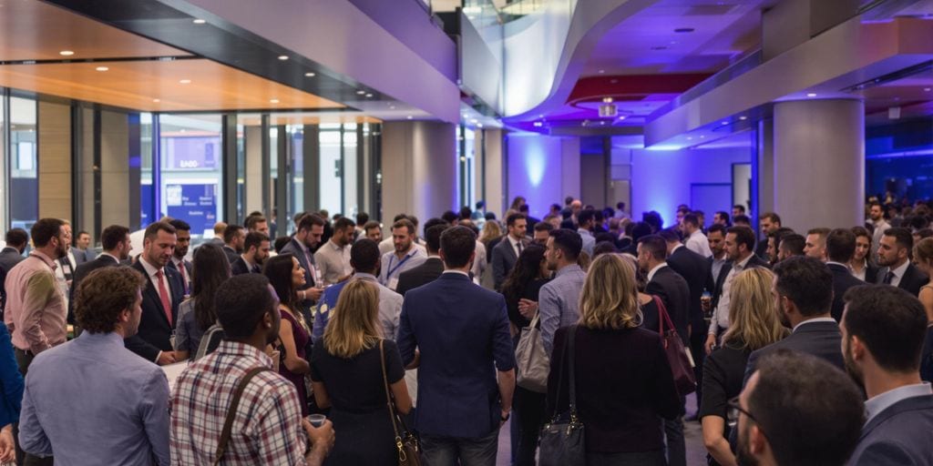 A large group of people dressed in business attire gather in a modern conference hall with blue and white lighting. They are engaged in conversations and networking activities.